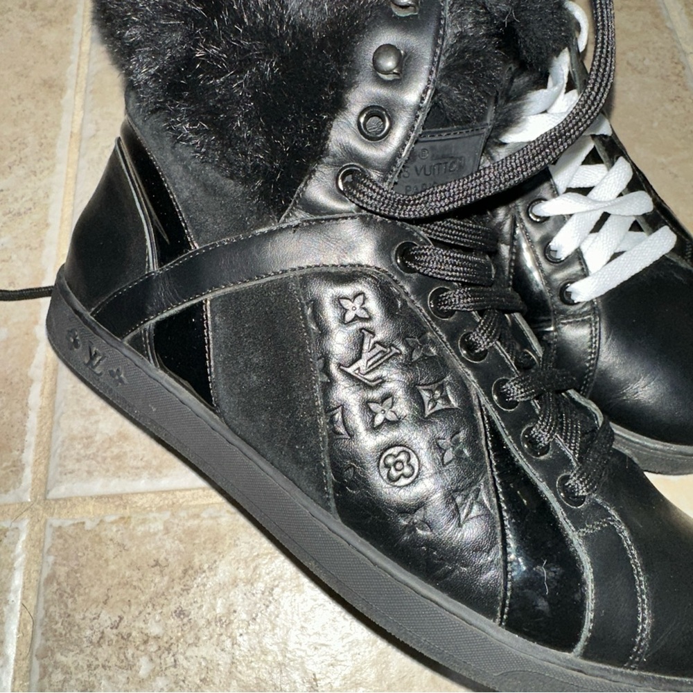 Louis Vuitton “All Black Everything” Patent Leather Monogram FUR Hi-TOP BOOTS
